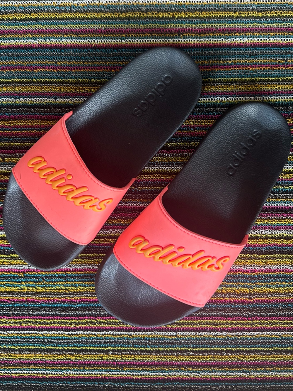 adidas Women’s Coral Pink Slide Sandals with Black Footbed - Picture 2 of 6
